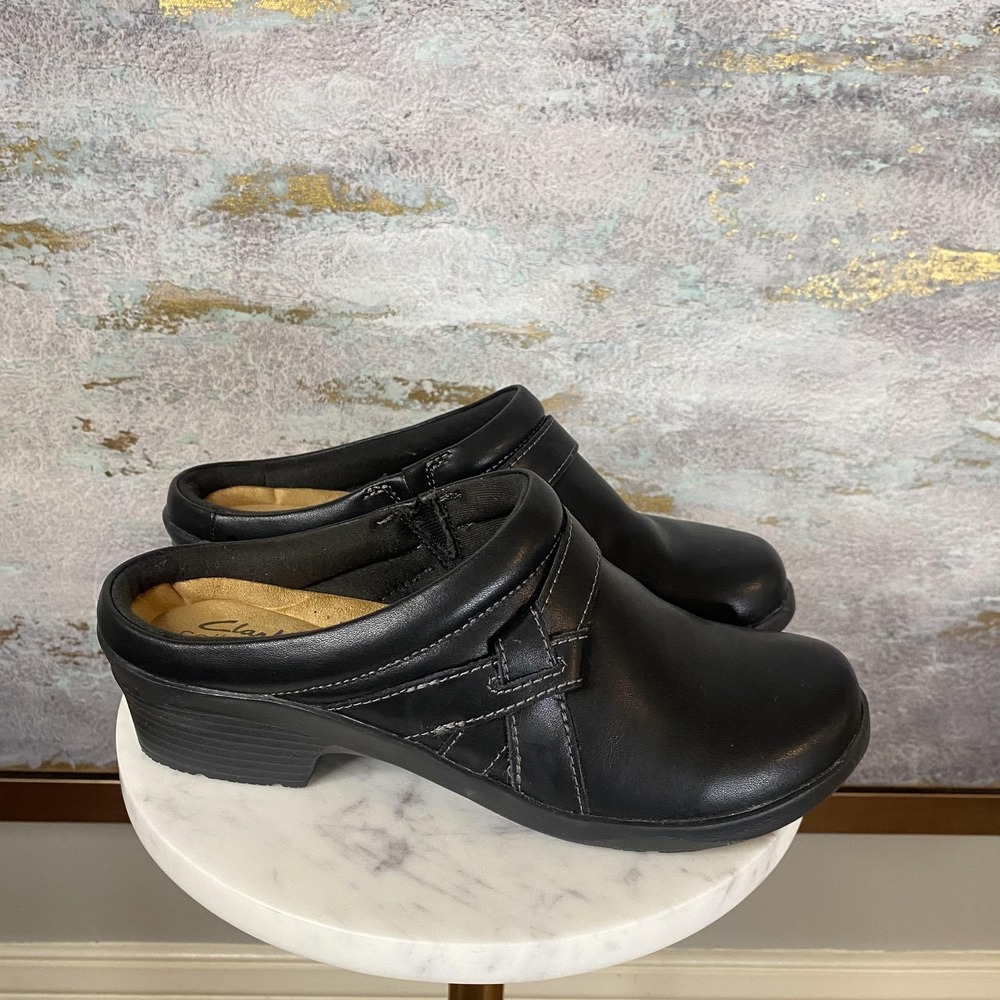 Clarks Collection Clog Shoes Womens Size 7 Wide Black Leather Slip On Comfort - Picture 2 of 9